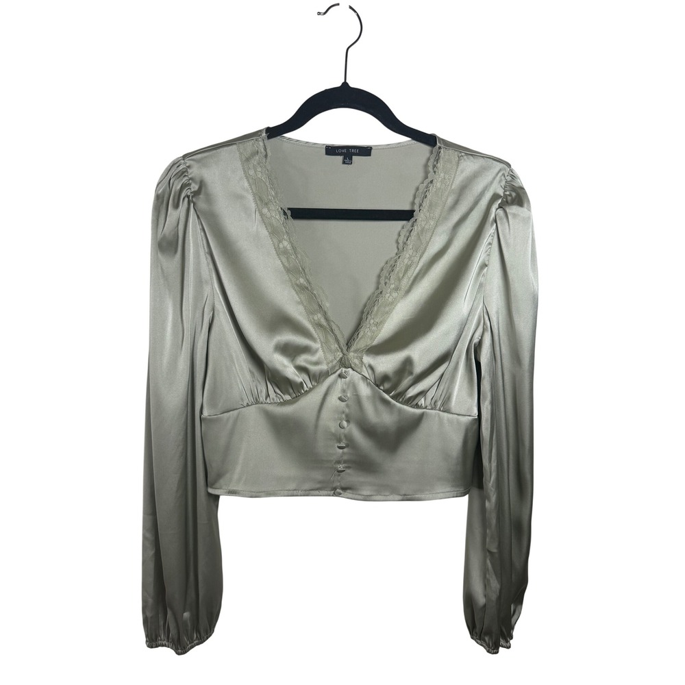 Love Tree Sage Green Satin Lace Trim V-Neck Button Front Crop Top Large Vintage
